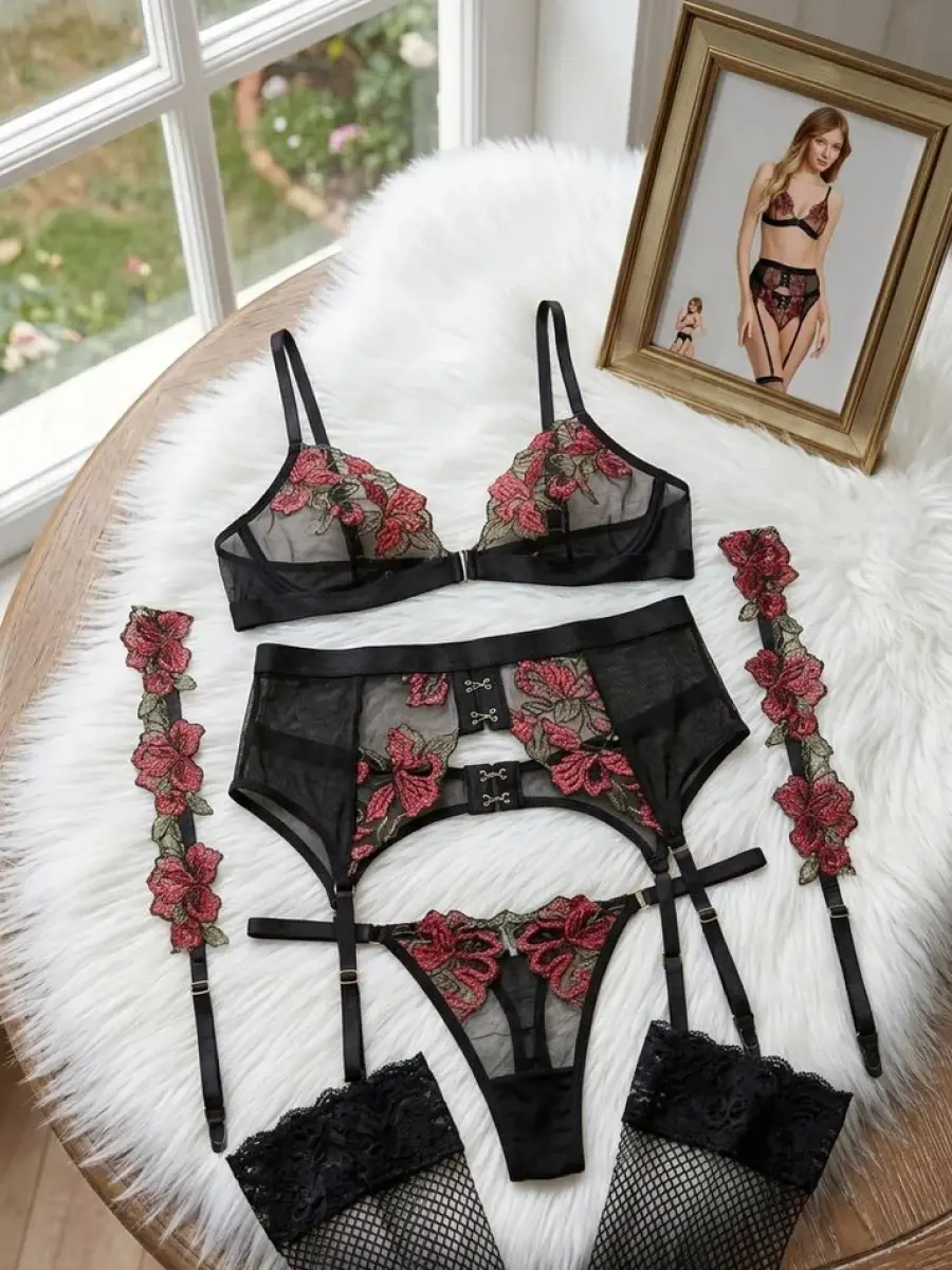 Valeria Midnight Blossom Embroidered Lace Lingerie Set with Garter Belt – 3 Piece alternate view