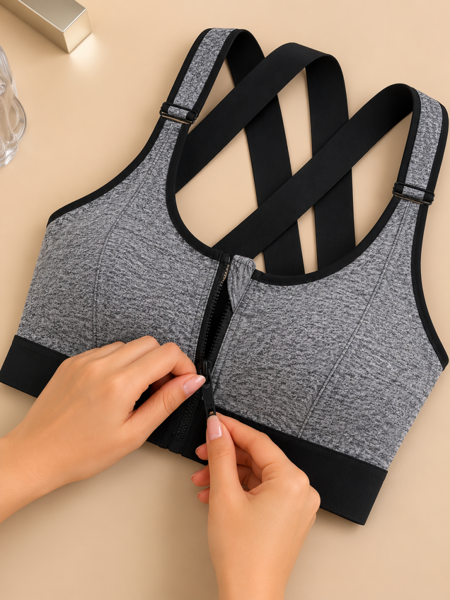 Grey Colour Front Zip Adjustable High Support Sports Bra for Women thumbnail 3