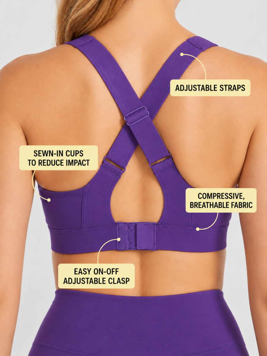 Purple Front Zip Adjustable High Support Sports Bra for Women thumbnail 3