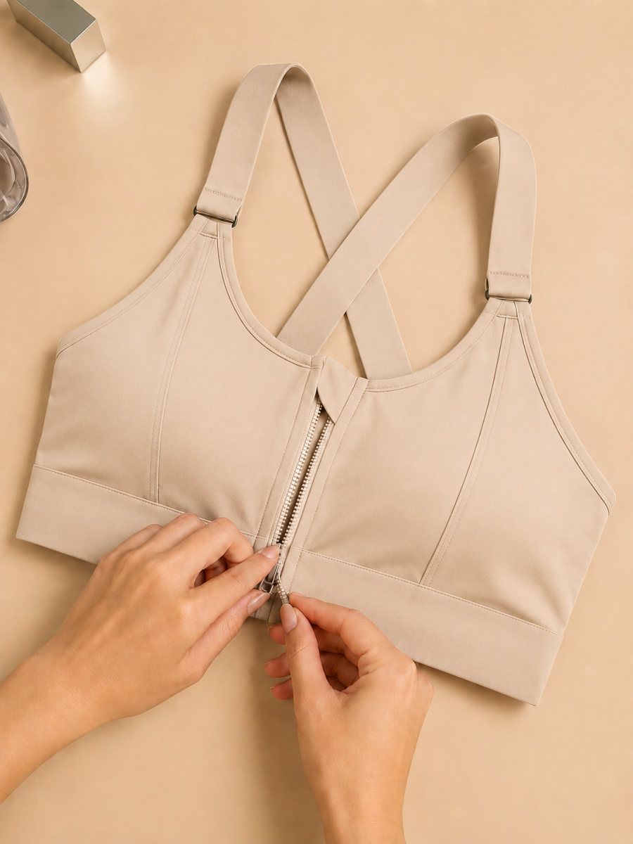 Beige Colour Front Zip Adjustable High Support Sports Bra for Women thumbnail 3