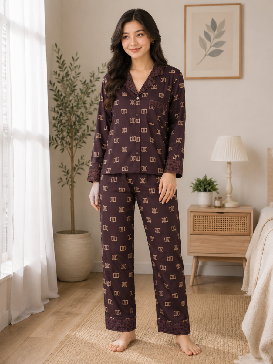 Valeria Mocha Elegance Printed Ladies Night Suit by Valeria