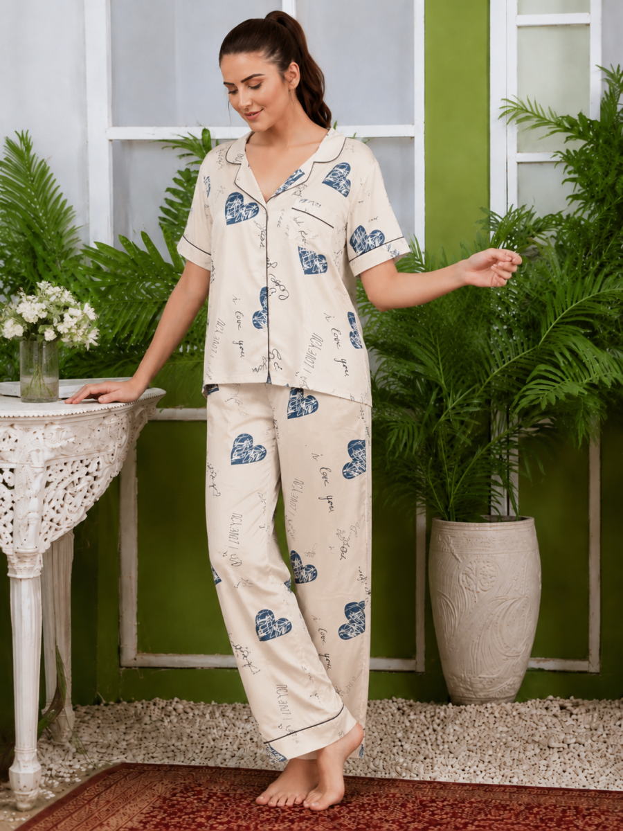 Valeria Ivory Hearts Printed Ladies Night Suit by Valeria