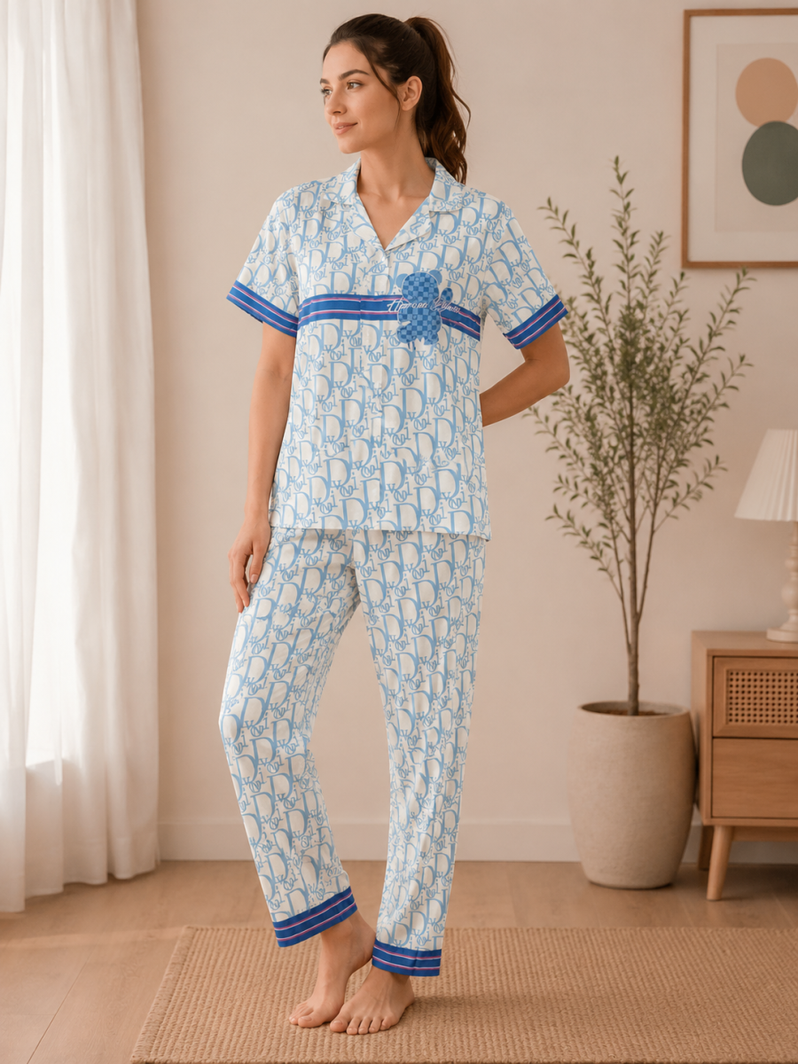 Valeria Sky Monogram Printed Ladies Night Suit by Valeria
