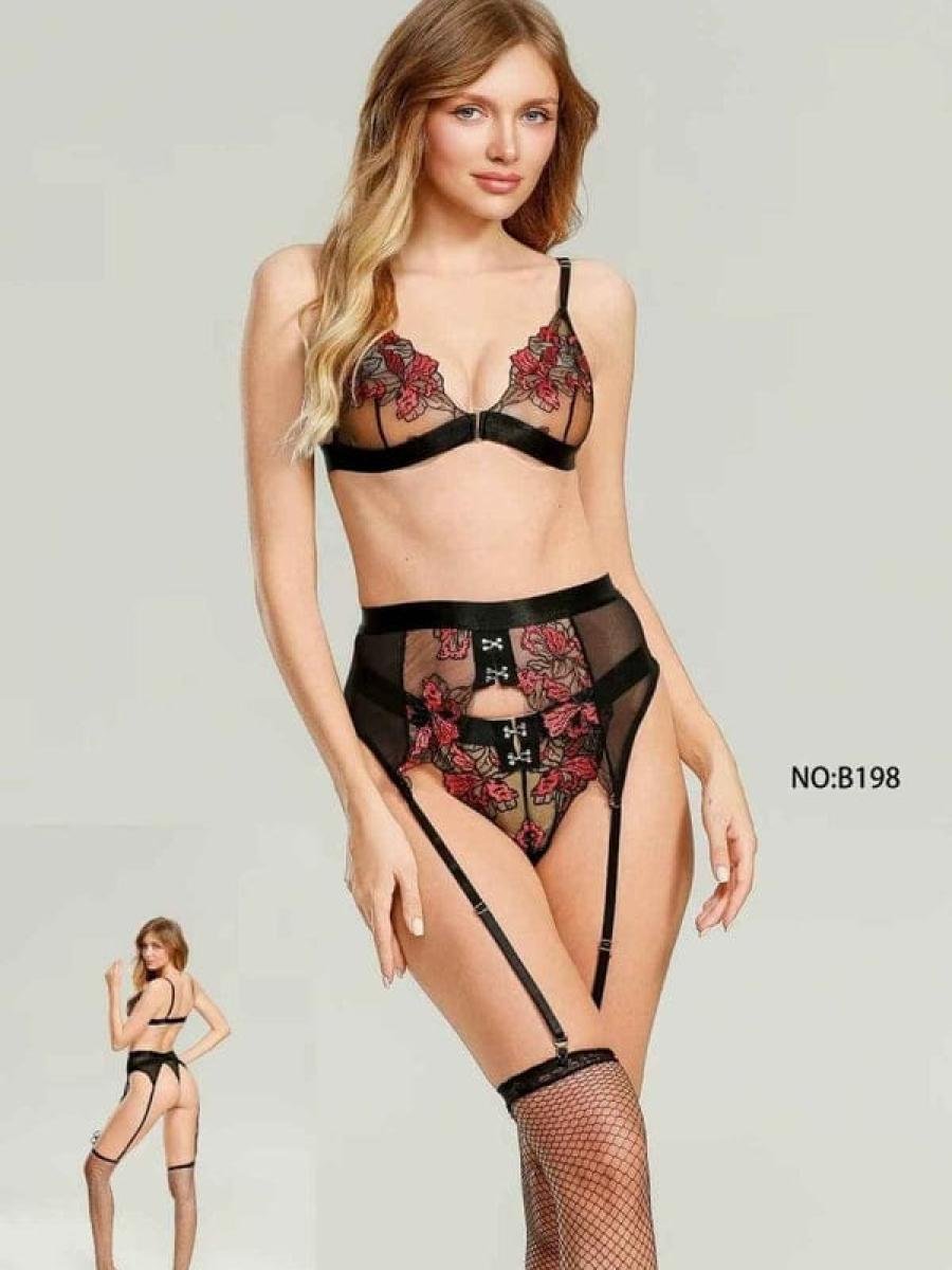 Valeria Midnight Blossom Embroidered Lace Lingerie Set with Garter Belt – 3 Piece by Valeria