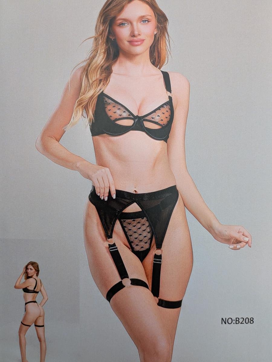 Valeria Noir Dotted Mesh Lingerie Set with Garter Belt – 3 Piece by Valeria