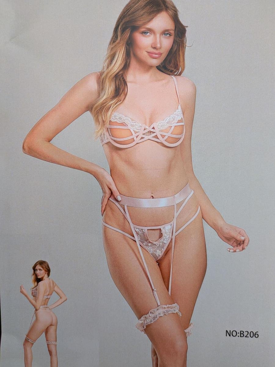 Valeria Blush Elegance Strappy Lace Lingerie Set with Garter Belt – 3 Piece by Valeria