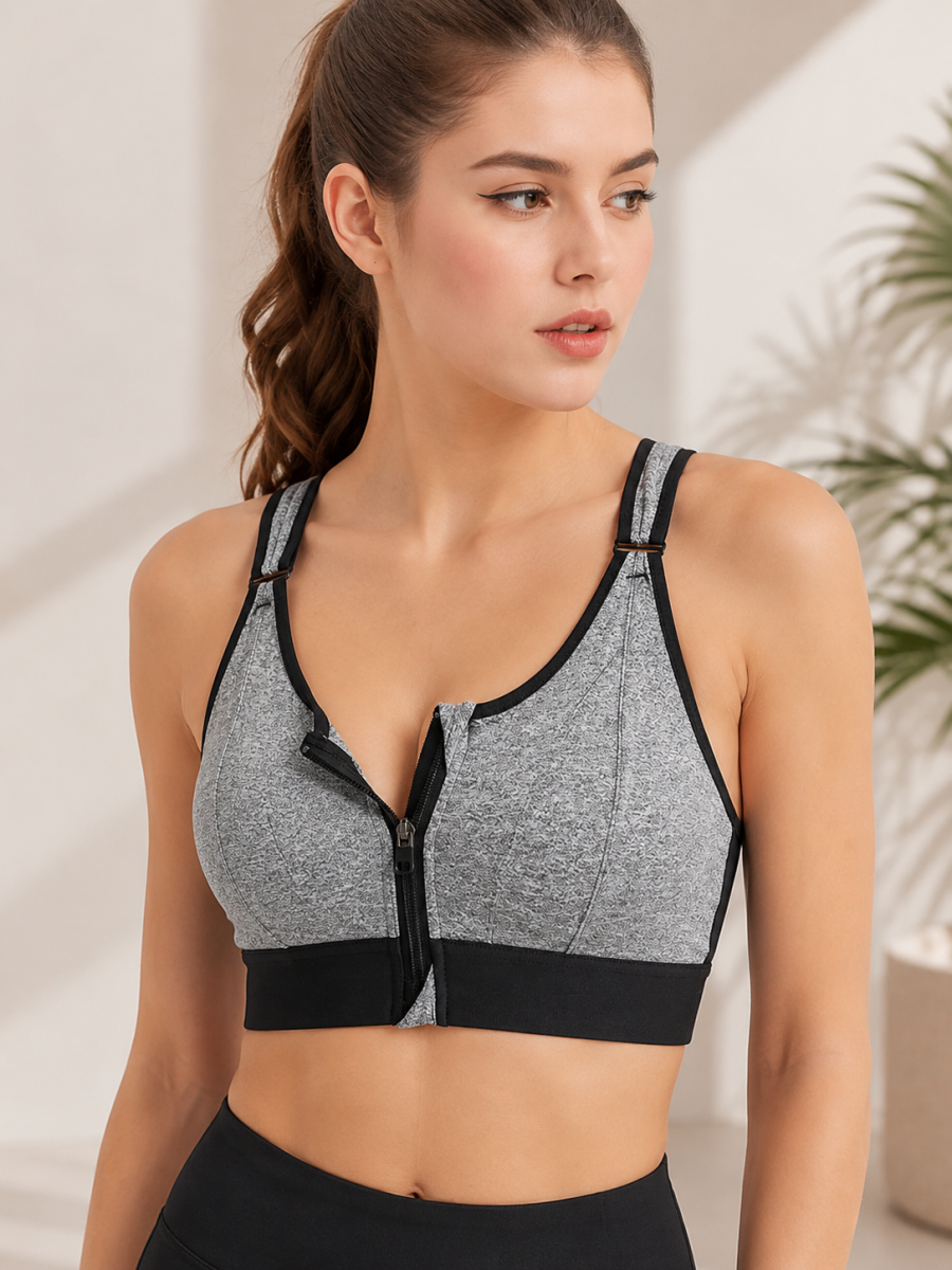 Grey Colour Front Zip Adjustable High Support Sports Bra for Women by Valeria
